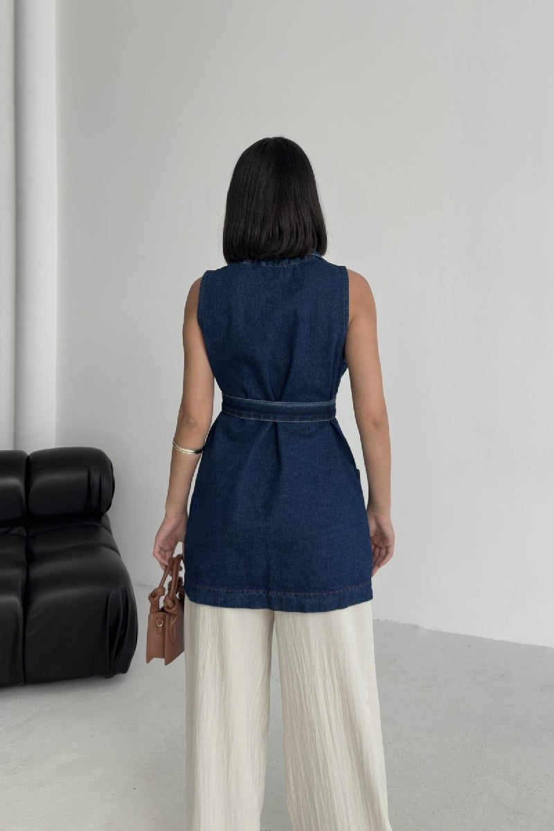 Kuşaklı Kruvaze Yaka Yelek - Düz Koyu Rins - (S-XL) - 2