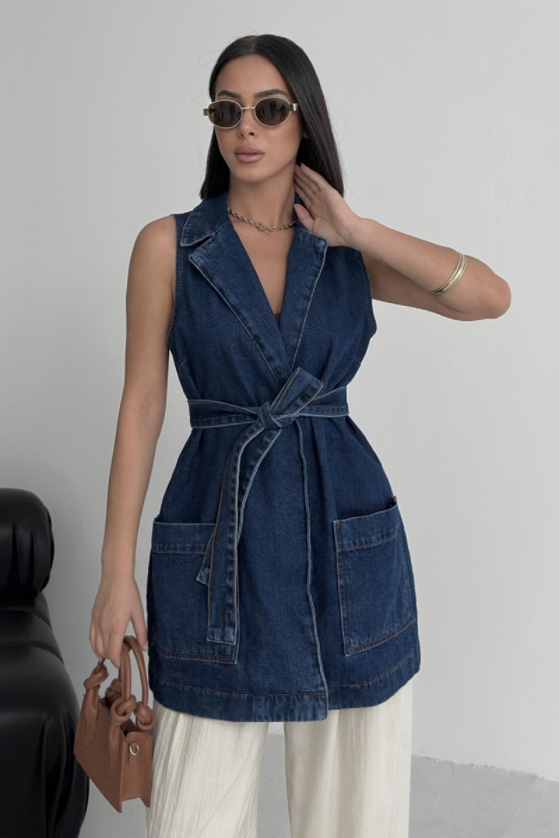 Kuşaklı Kruvaze Yaka Yelek - Düz Koyu Rins - (S-XL) - 3