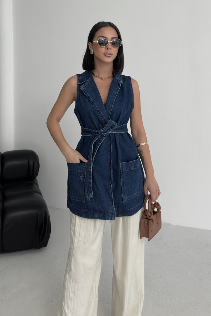Kuşaklı Kruvaze Yaka Yelek - Düz Koyu Rins - (S-XL) - 4