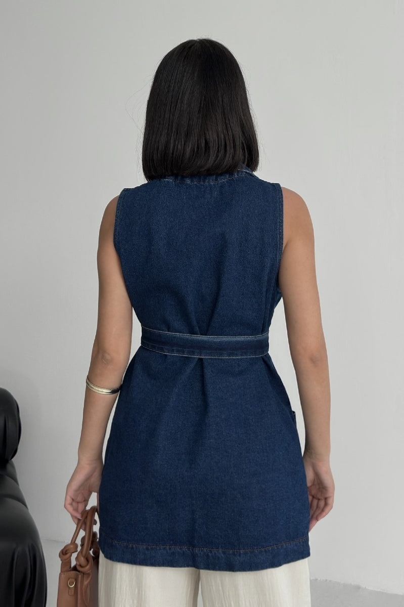 Kuşaklı Kruvaze Yaka Yelek - Düz Koyu Rins - (S-XL) - 6