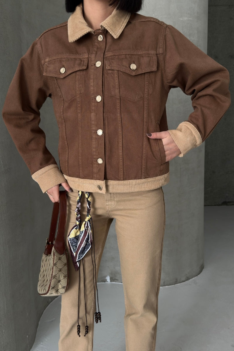 Kadife Detaylı Klasik Kot Ceket - Kahverengi - (S-XL) - 2
