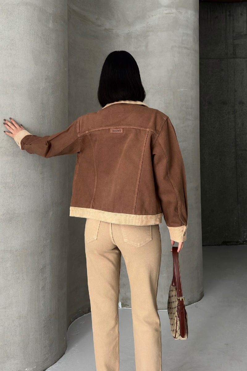 Kadife Detaylı Klasik Kot Ceket - Kahverengi - (S-XL) - 3