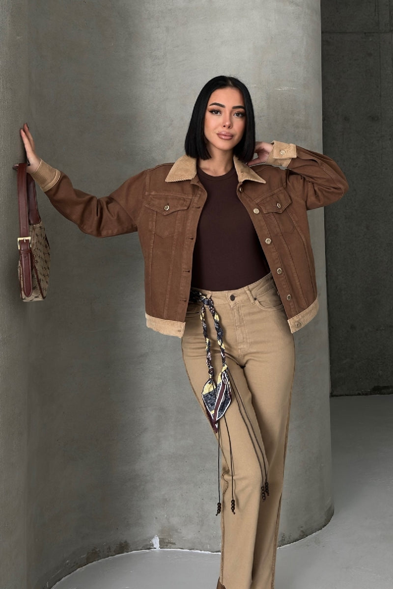 Kadife Detaylı Klasik Kot Ceket - Kahverengi - (S-XL) - 5
