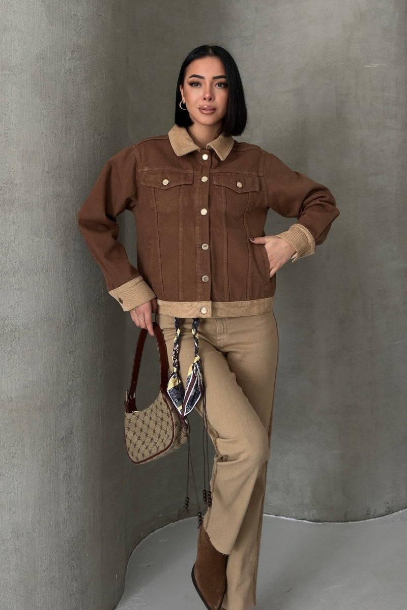 Kadife Detaylı Klasik Kot Ceket - Kahverengi - (S-XL) - 6