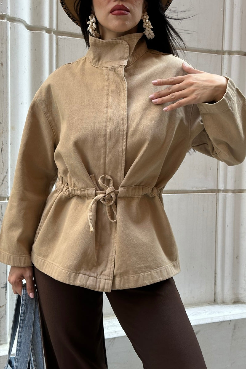 Bel Büzgü Detaylı Kot Ceket - Camel - (S-L-3) - 2