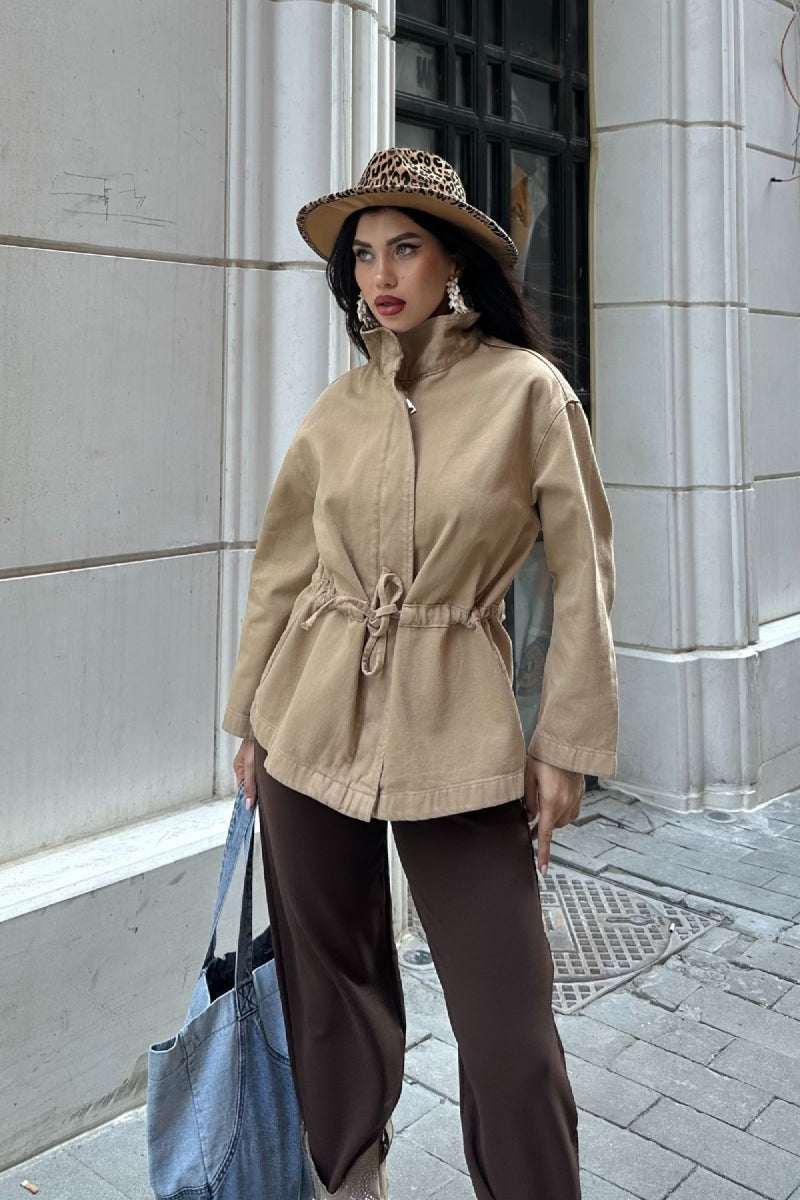 Bel Büzgü Detaylı Kot Ceket Camel