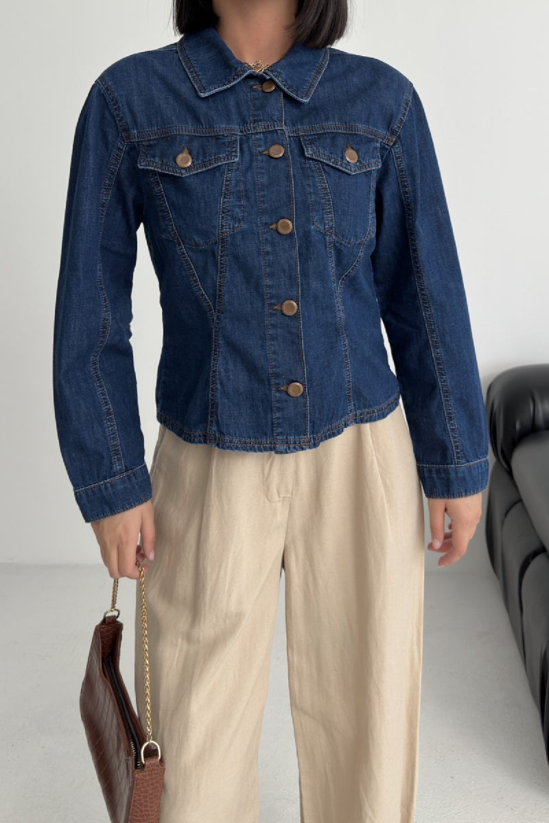 Dikiş Detaylı Kot Gömlek - Koyu Mavi Kot - (S-XL) - 3