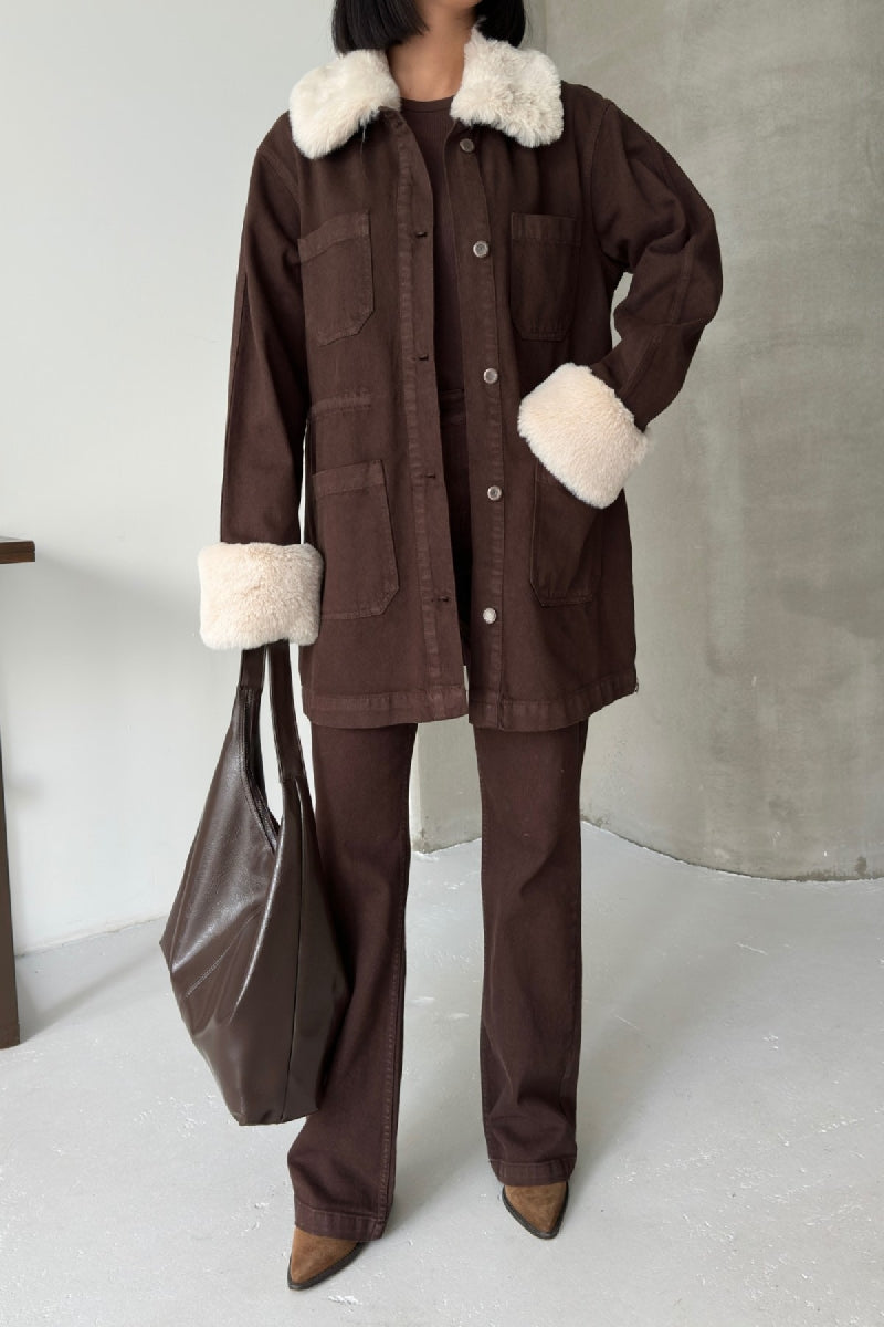 Kol ve Yakası Kürk Detaylı Orta Boy Kot Ceket - Kahverengi - (S+L+4) - 3