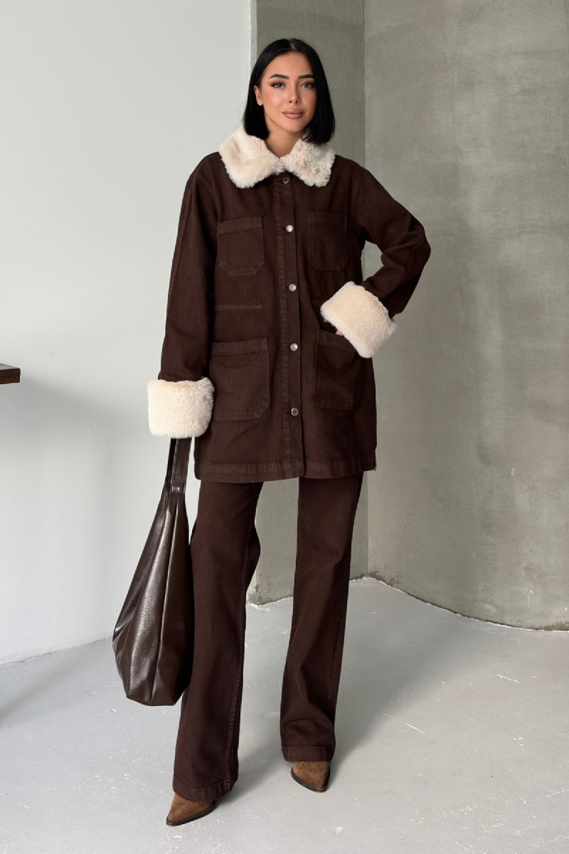 Kol ve Yakası Kürk Detaylı Orta Boy Kot Ceket - Kahverengi - (S+L+4) - 4