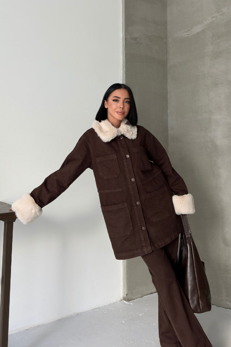 Kol ve Yakası Kürk Detaylı Orta Boy Kot Ceket - Kahverengi - (S+L+4) - 5