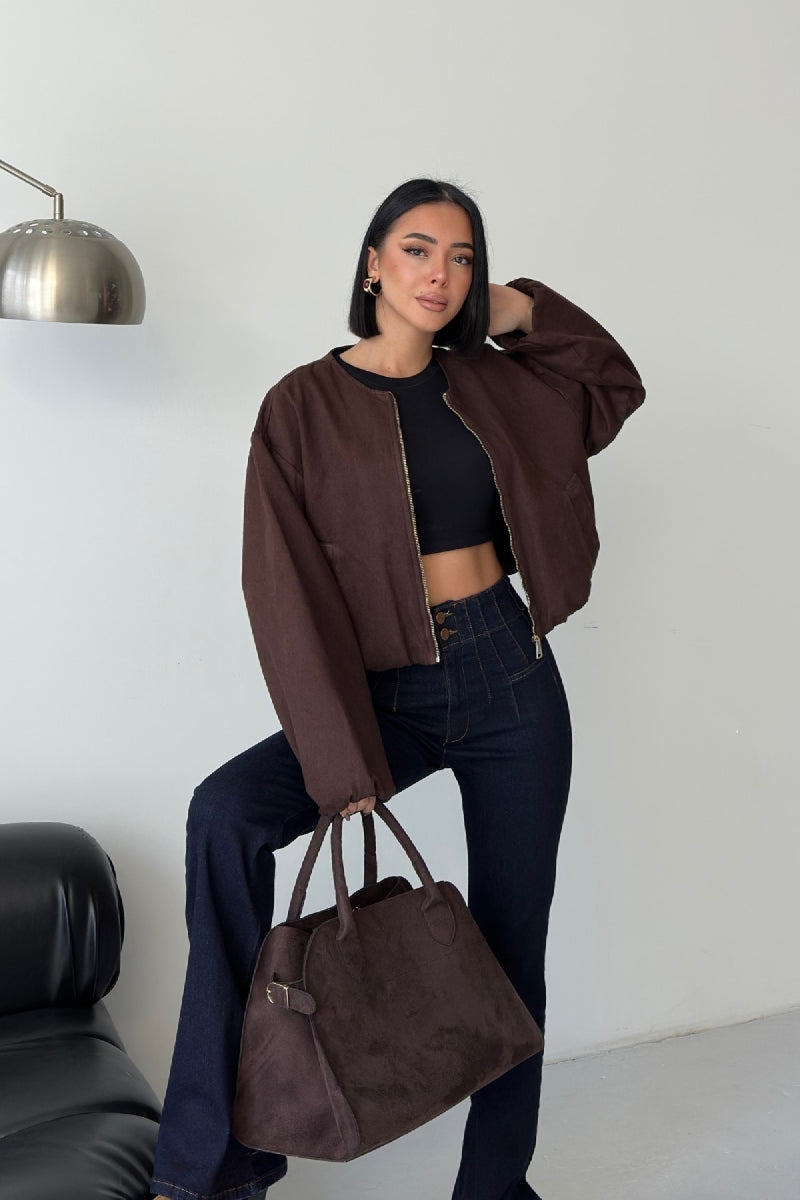 Lastikli Bomber Ceket Kahverengi