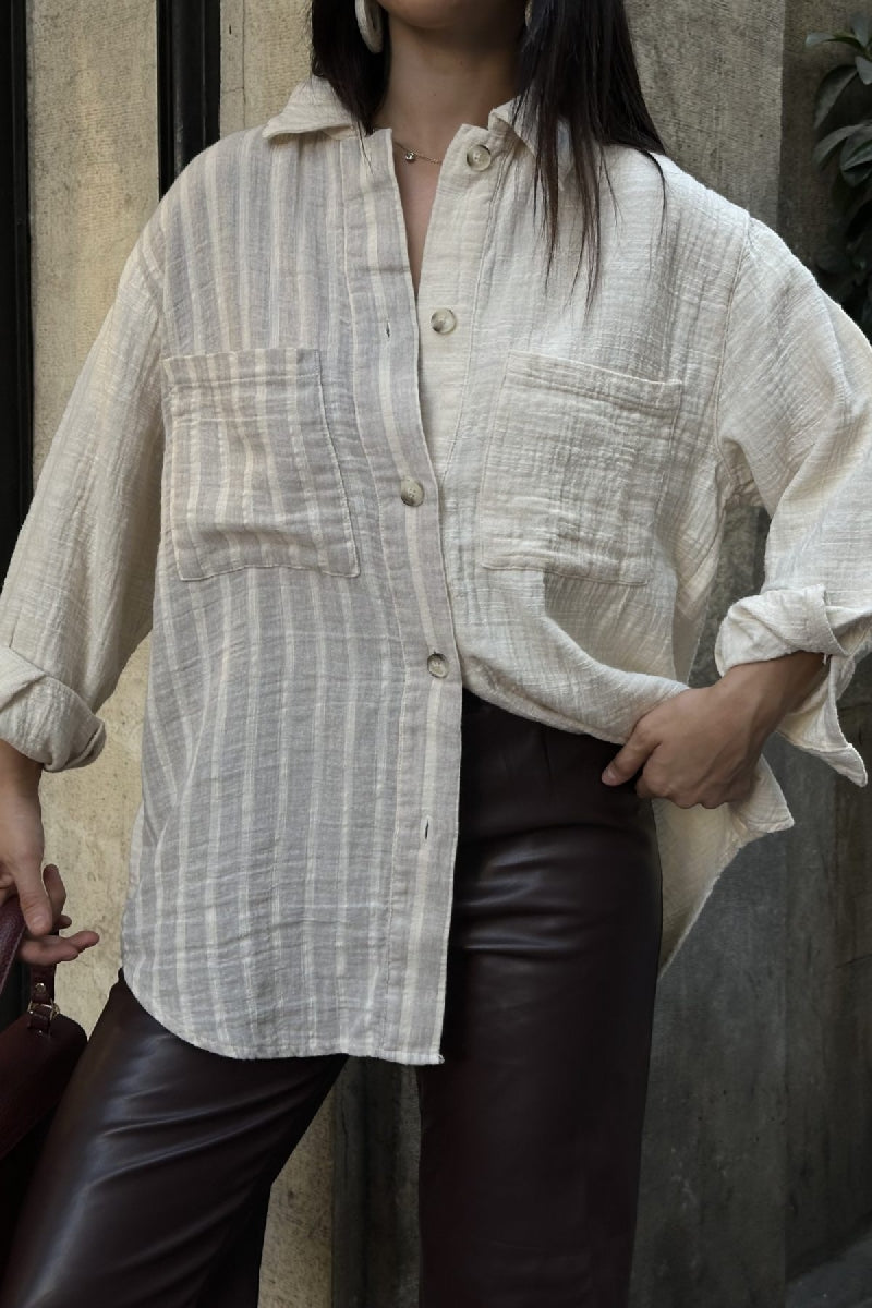 Çizgi Garnili Oversize Gömlek - Naturel - (S+L+3) - 2