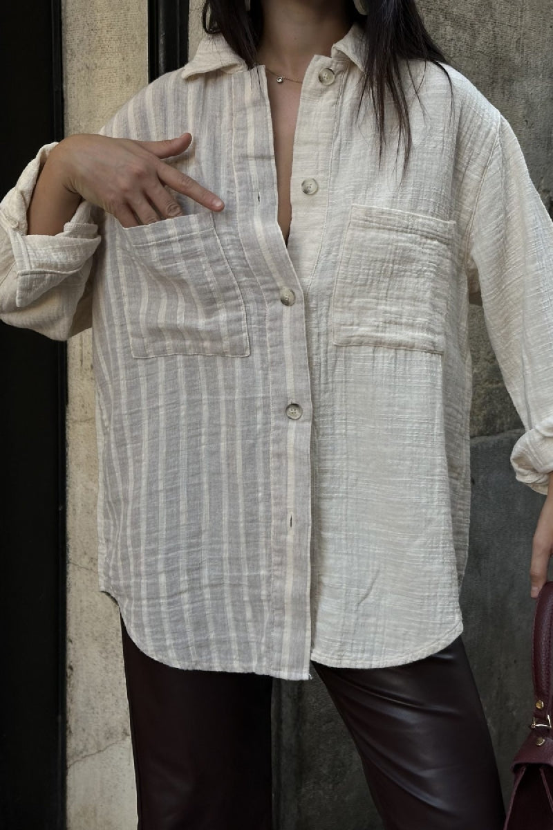 Çizgi Garnili Oversize Gömlek Naturel