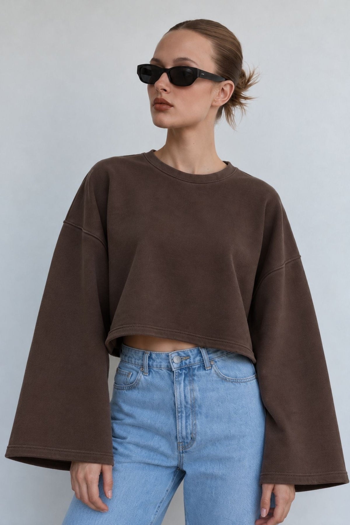 Geniş Kol Bisiklet Yaka Basic Sweatshirt - Sarı