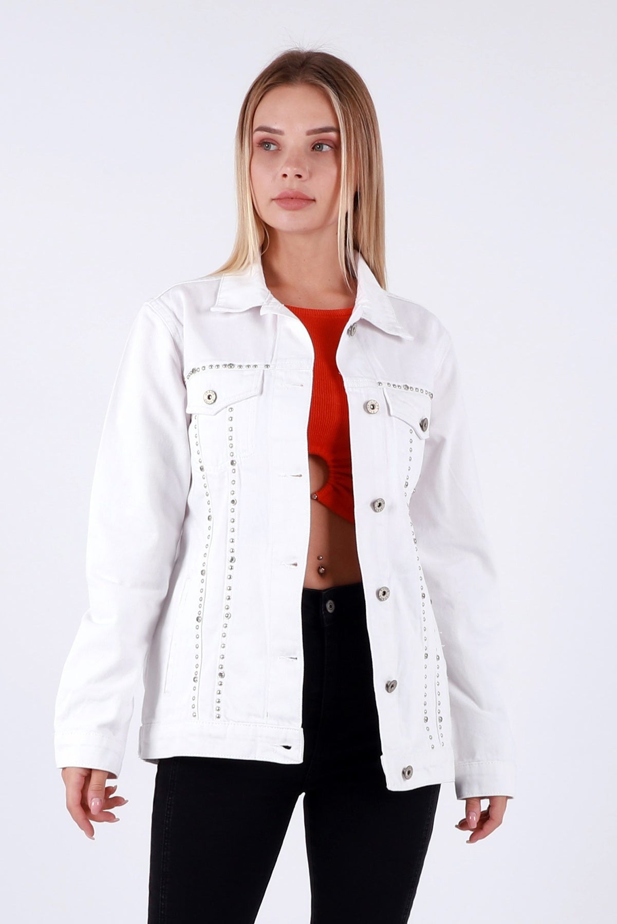 Taşlı Kot Ceket - Beyaz - (S-XL-6) - 2