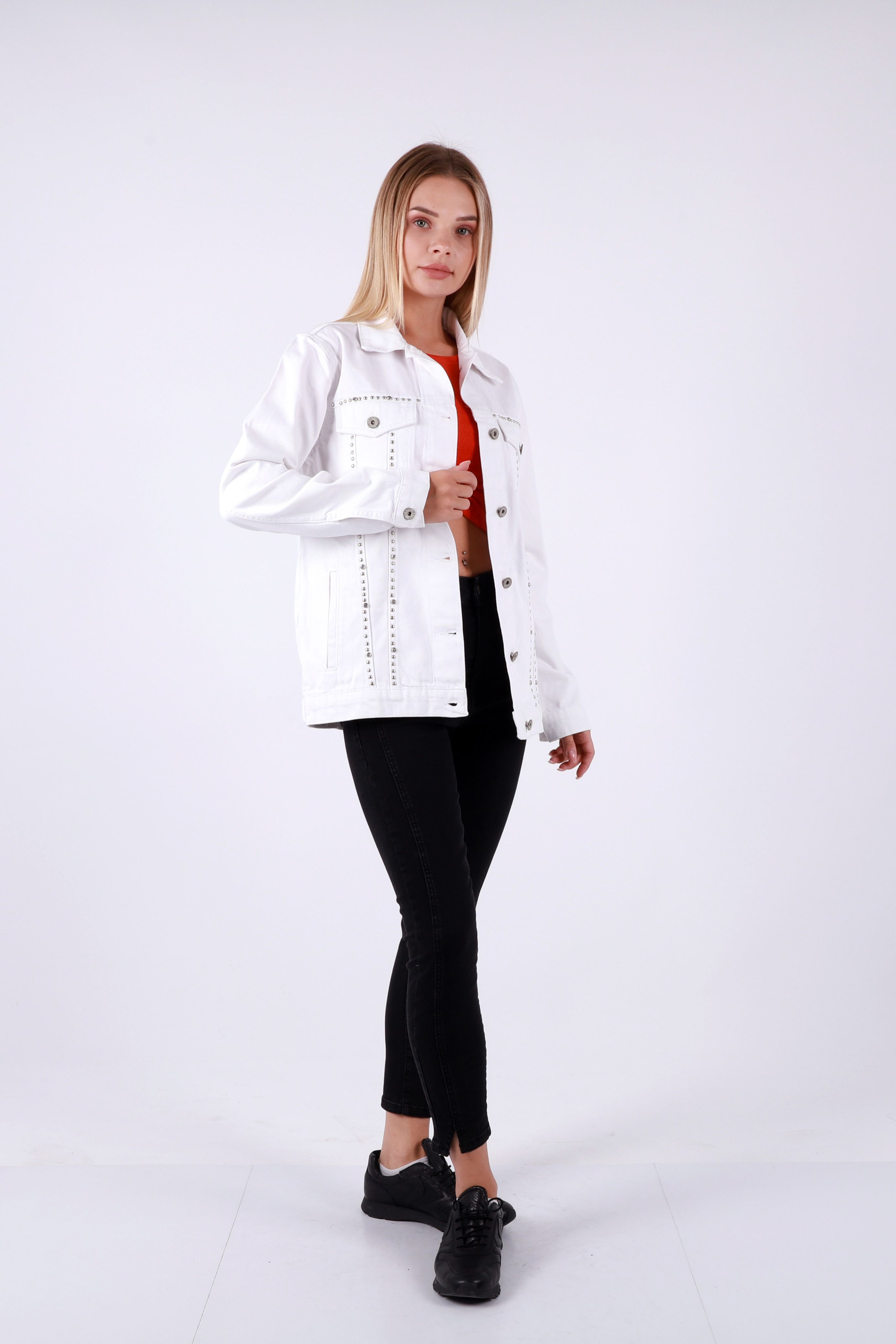 Taşlı Kot Ceket - Beyaz - (S-XL-6) - 3