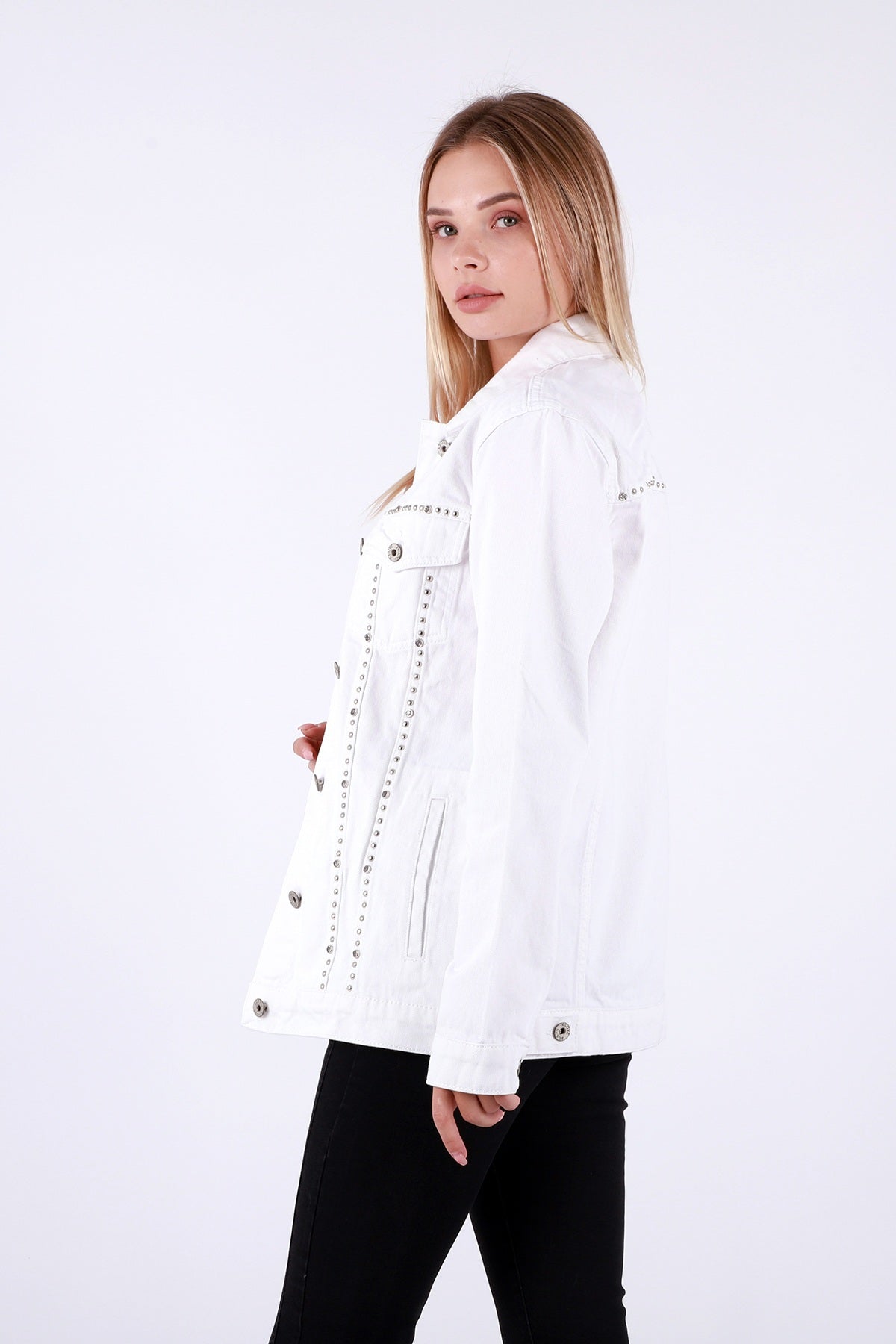 Taşlı Kot Ceket - Beyaz - (S-XL-6) - 5