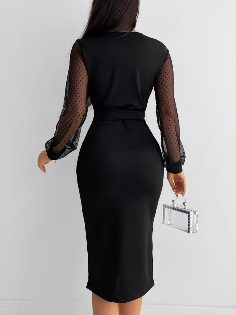 Women's Long Sleeve V-Neck Polka Dot Sleeves Belted Midi Crepe Dress, 30640