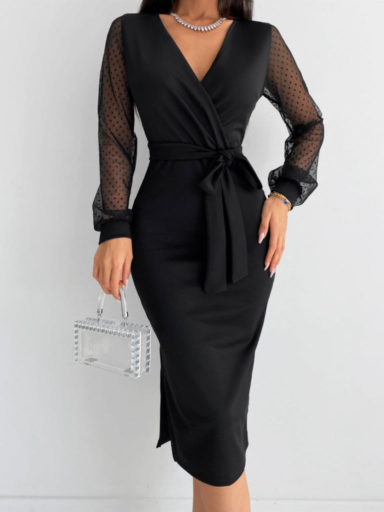 Women's Long Sleeve V-Neck Polka Dot Sleeves Belted Midi Crepe Dress, 30640