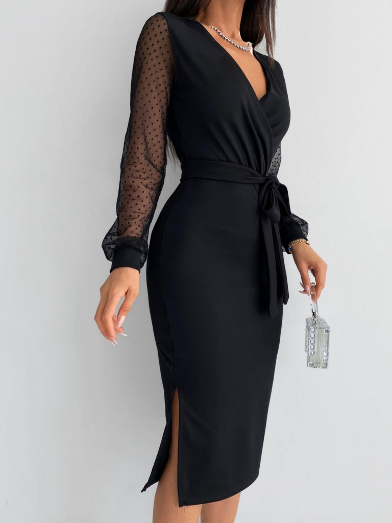 Women's Long Sleeve V-Neck Polka Dot Sleeves Belted Midi Crepe Dress, 30640