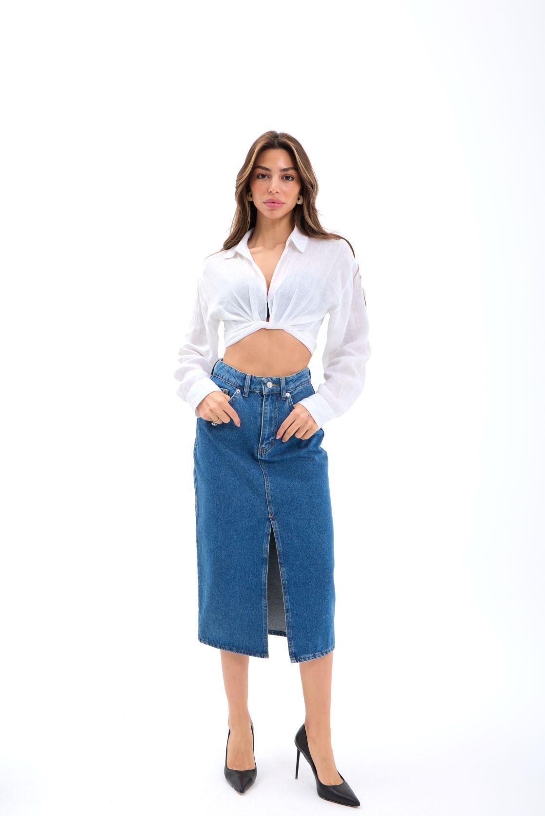 6471 DENİM MIDI SLIT SKIRT-KOYU MAVİ KOYU MAVİ L