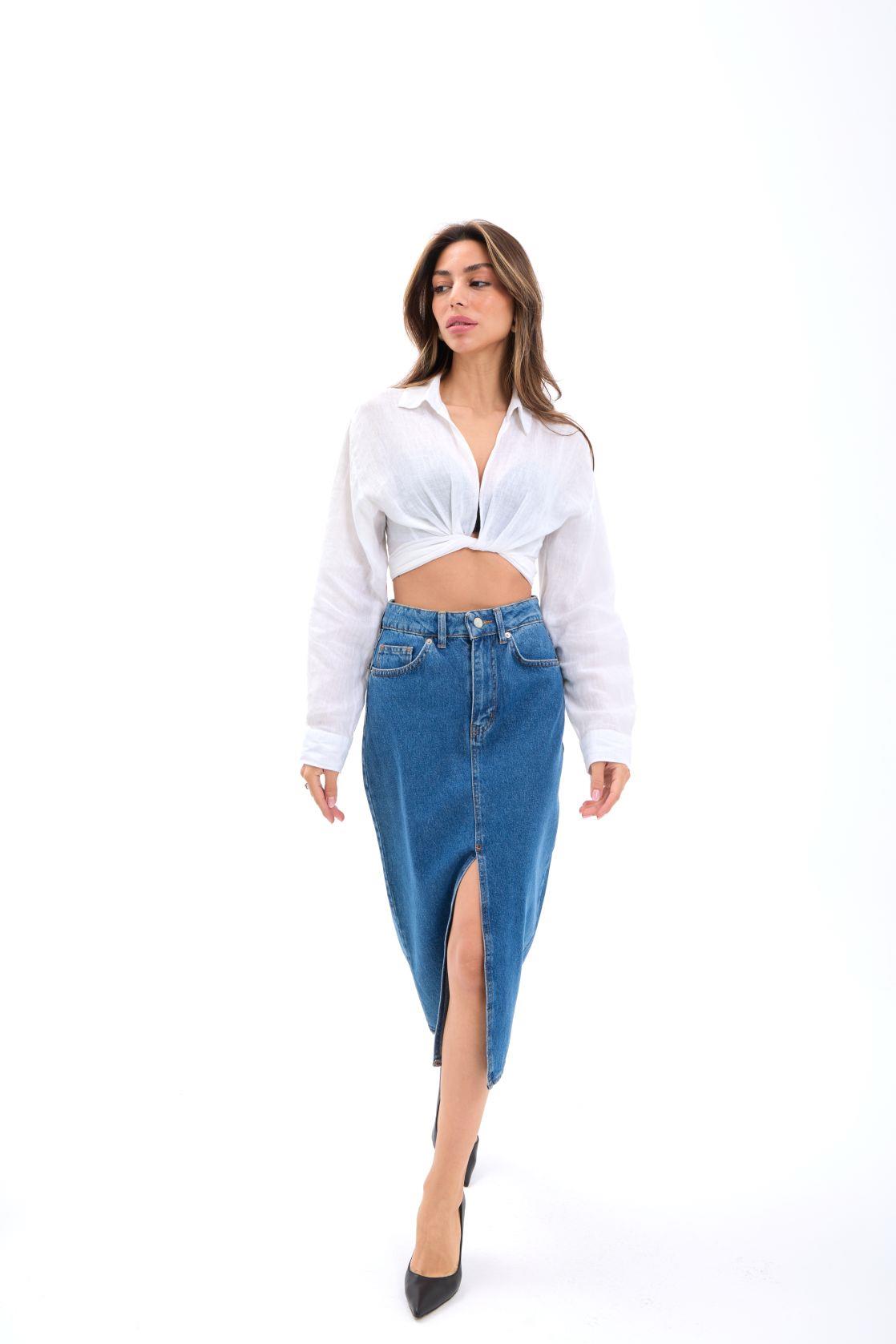 6471 DENİM MIDI SLIT SKIRT-KOYU MAVİ