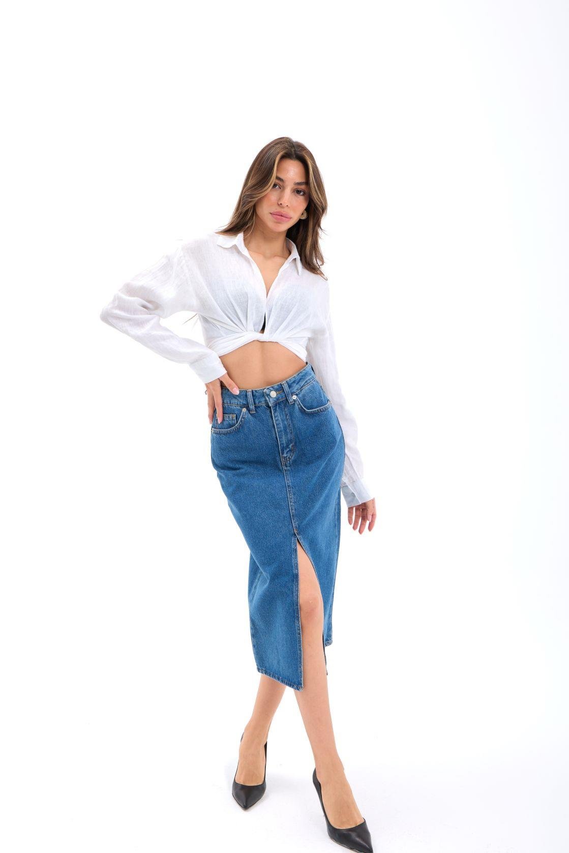 6471 DENİM MIDI SLIT SKIRT-KOYU MAVİ