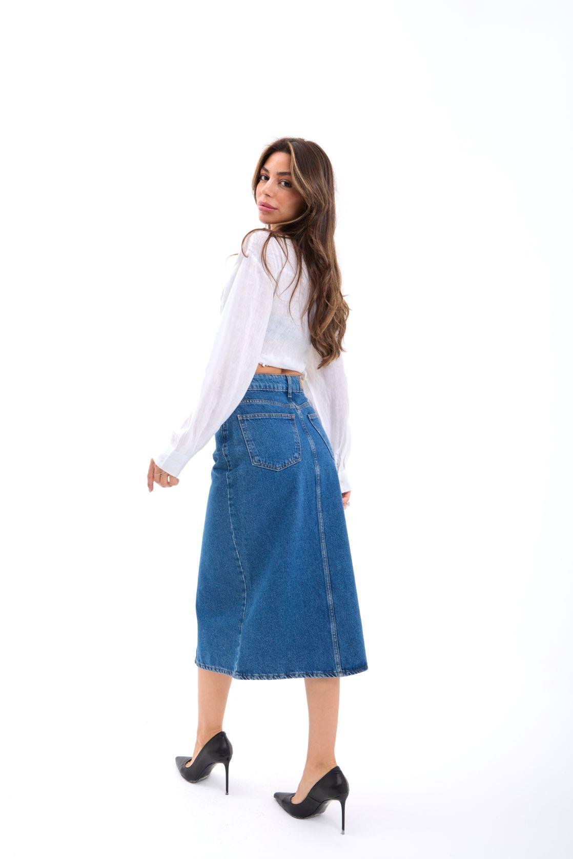 6471 DENİM MIDI SLIT SKIRT-KOYU MAVİ