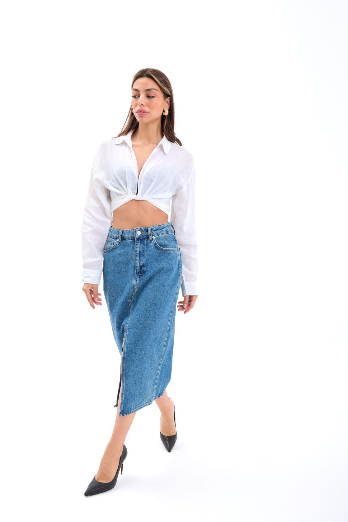 6478 DENİM MIDI SLIT SKIRT-MAVİ