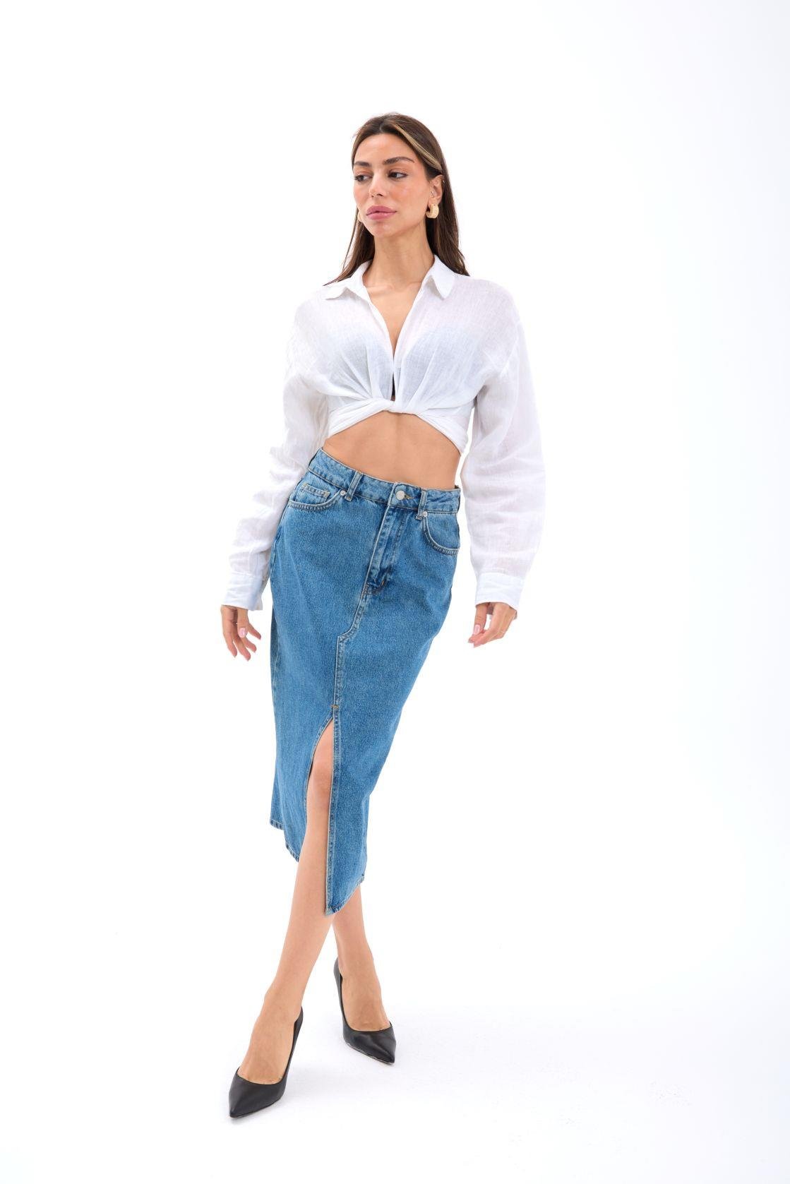 6478 DENİM MIDI SLIT SKIRT-MAVİ MAVİ L