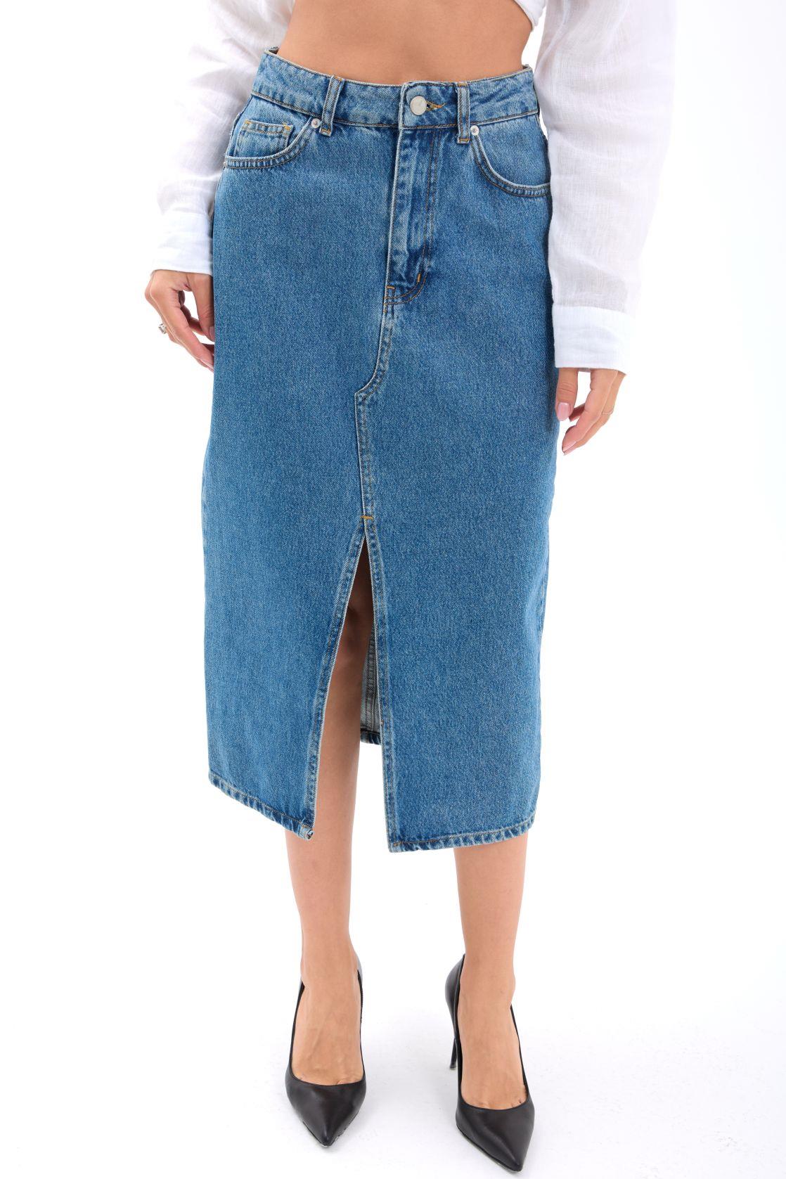 6478 DENİM MIDI SLIT SKIRT-MAVİ