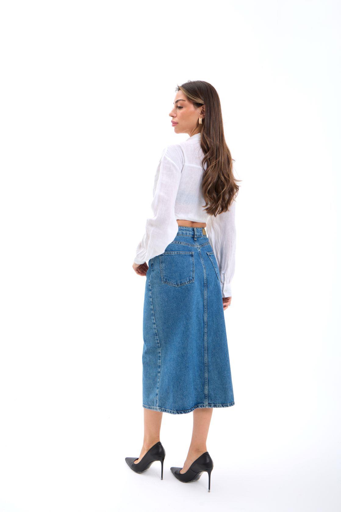 6478 DENİM MIDI SLIT SKIRT-MAVİ