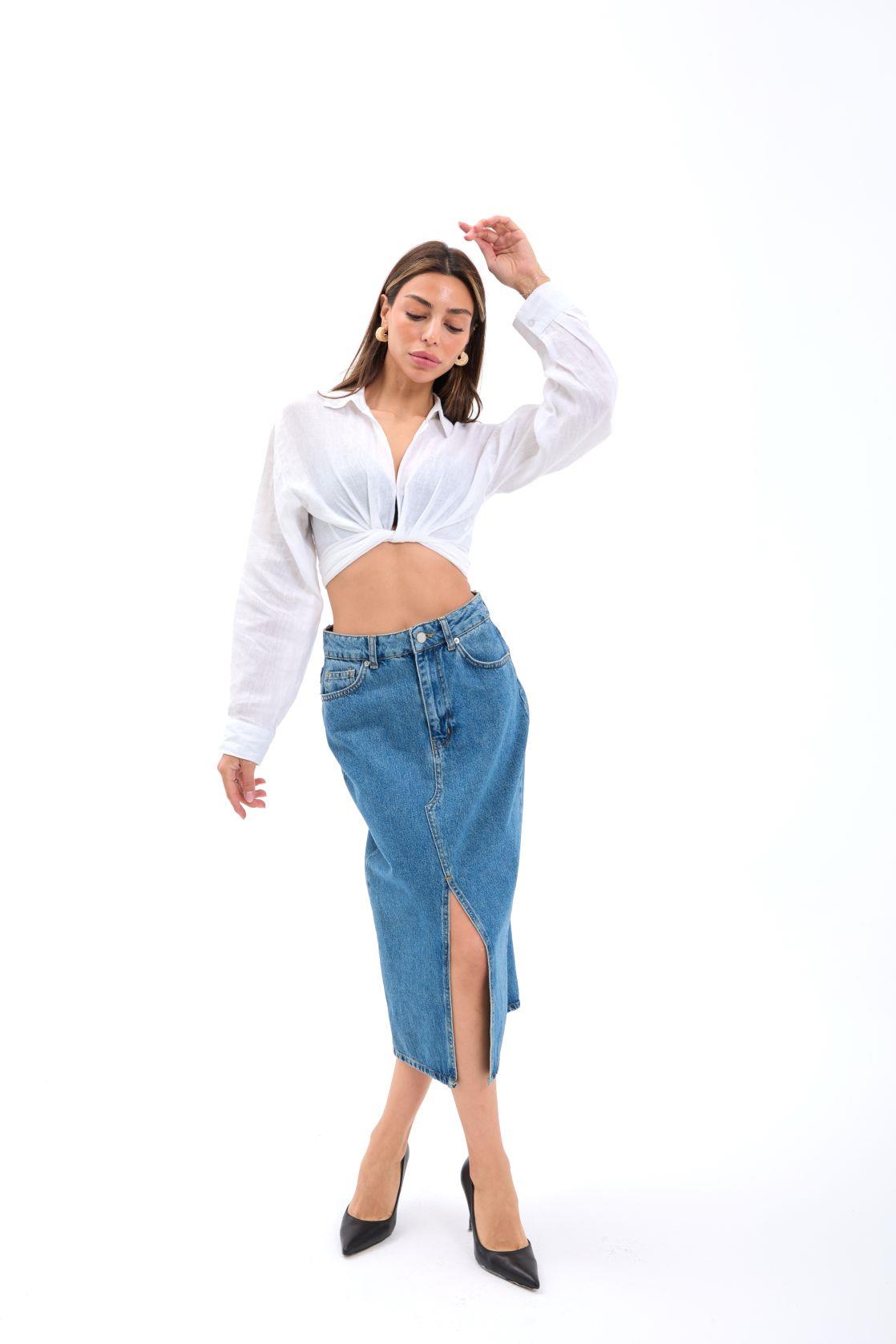 6478 DENİM MIDI SLIT SKIRT-MAVİ