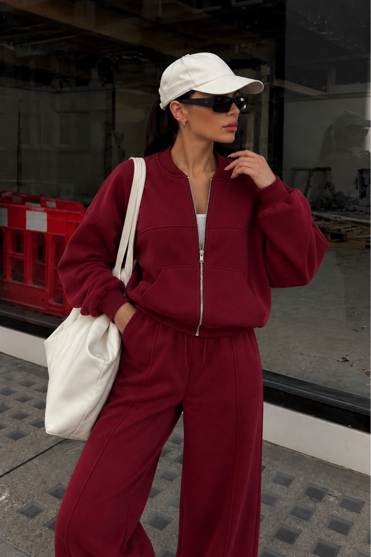 Fermuar Detay Hakim Yaka Sweatshirt Eşofman İkili Takım - Bordo