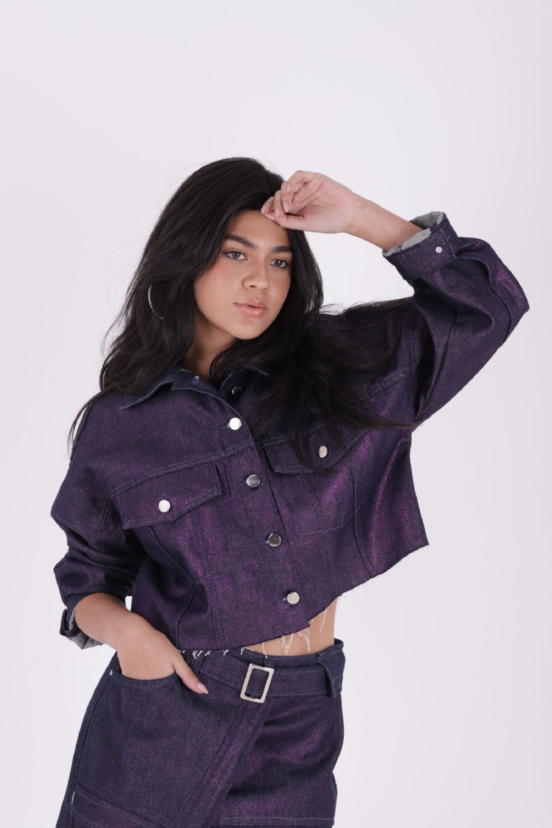 Kısa Oversize Kot Ceket - Mor Simli Varak - (S-L-3) - 5