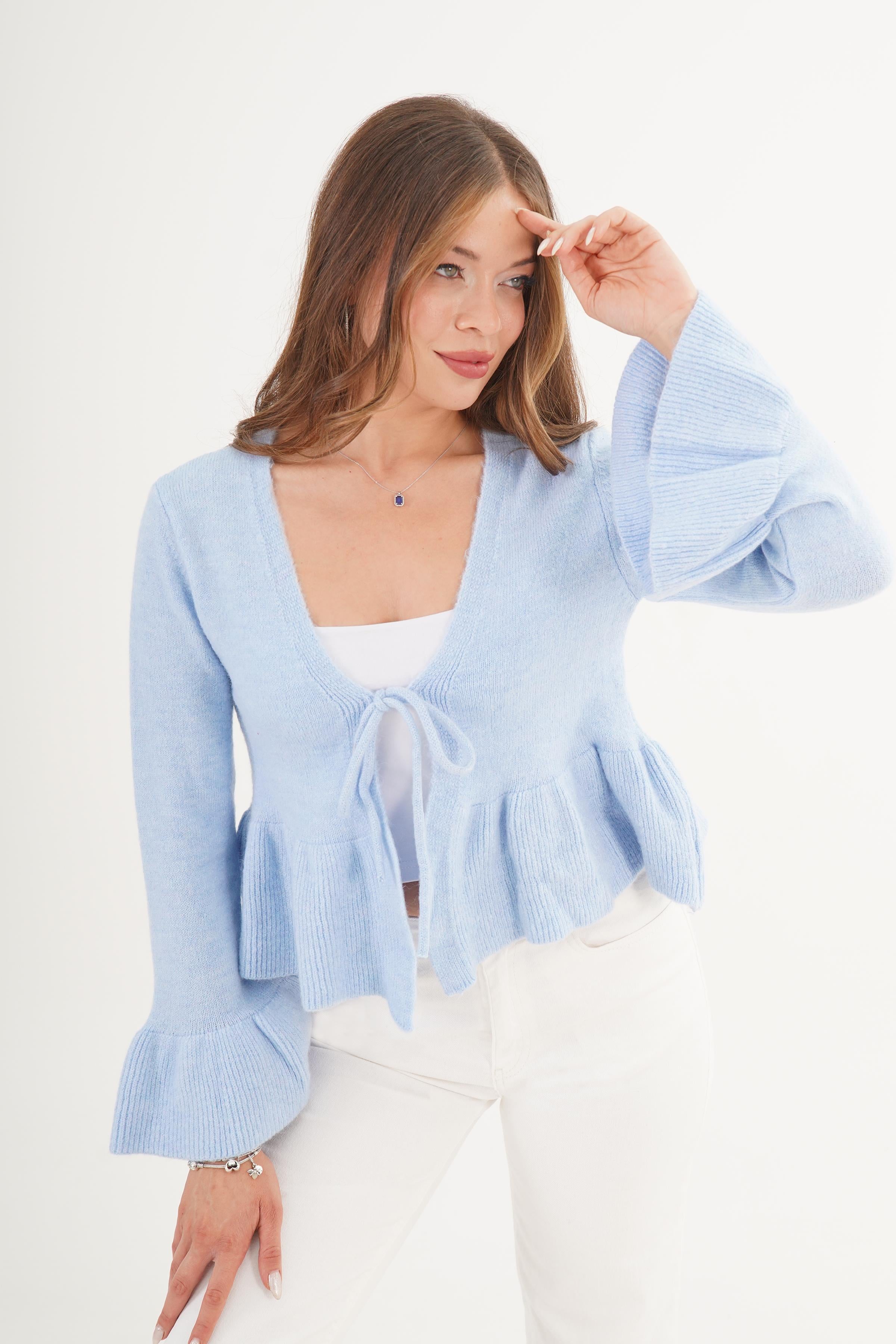 Ön Bağlamalı Volan Detay Bebe Mavisi Toptan Hırka