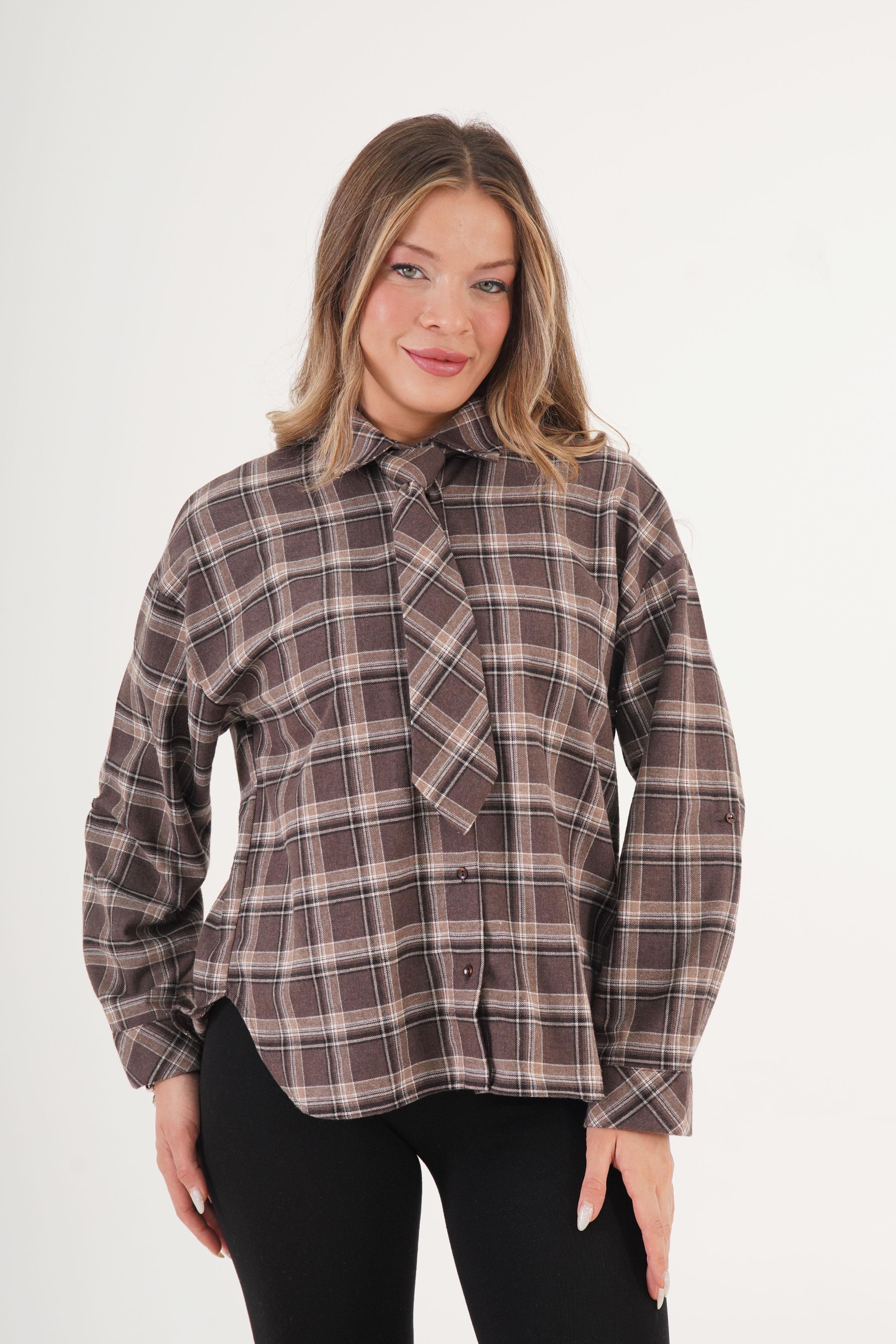 Ekoseli Kravatlı Toptan Kahve Gömlek