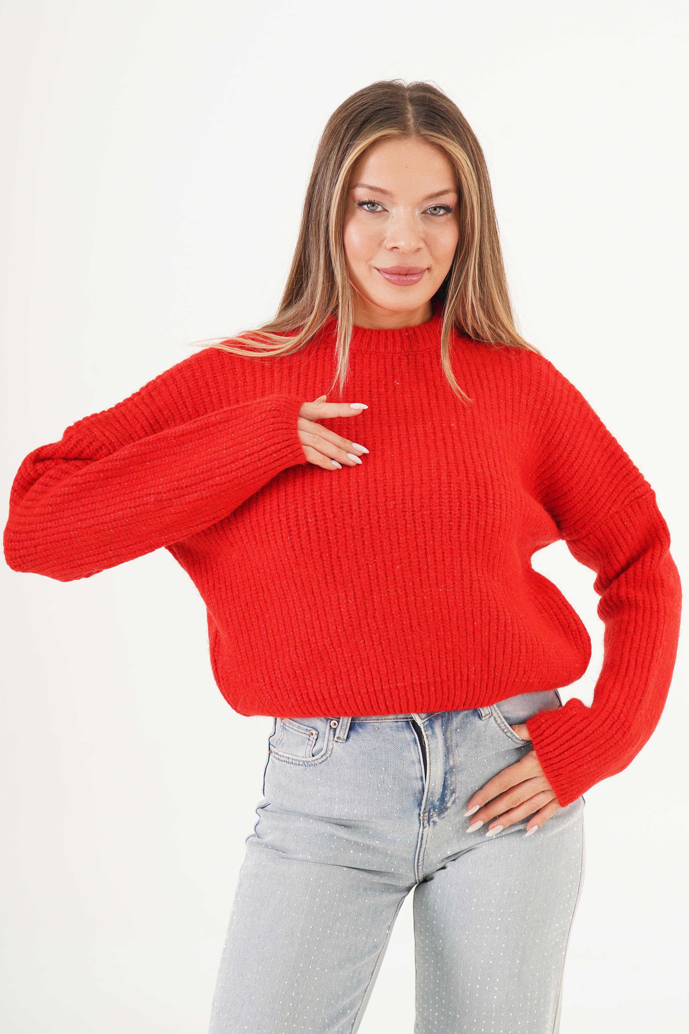 Bisiklet Yaka Basic Toptan Kırmızı Kazak