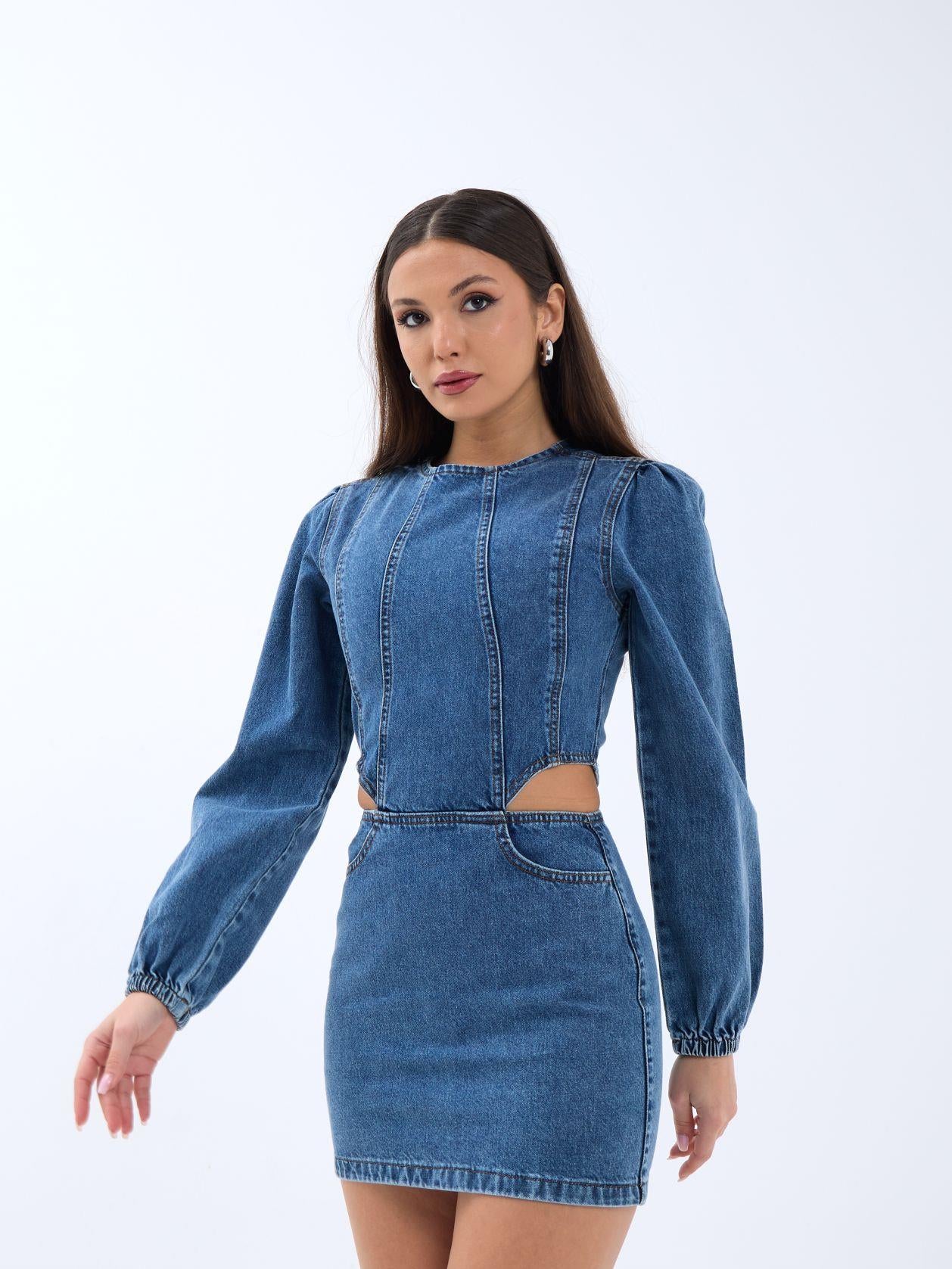 6834 WINDOWED DENIM DRESS-MAVİ