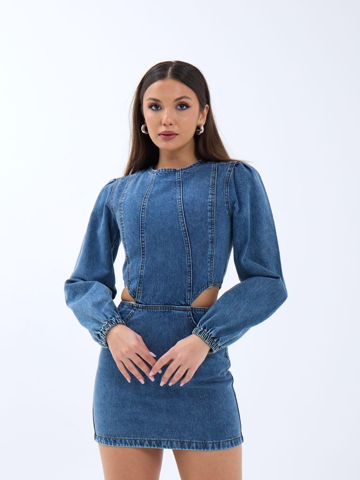 6834 WINDOWED DENIM DRESS-MAVİ