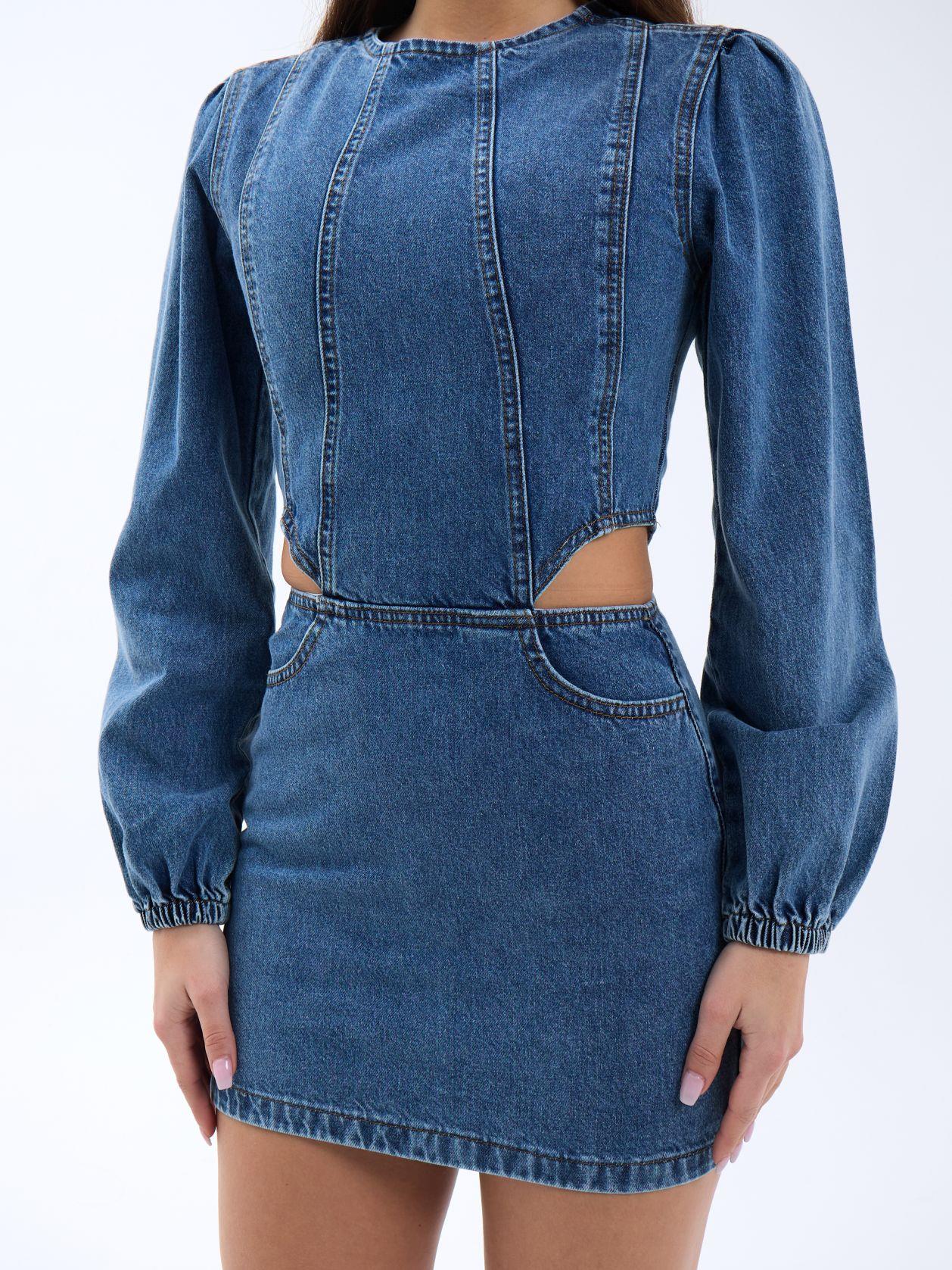 6834 WINDOWED DENIM DRESS-MAVİ