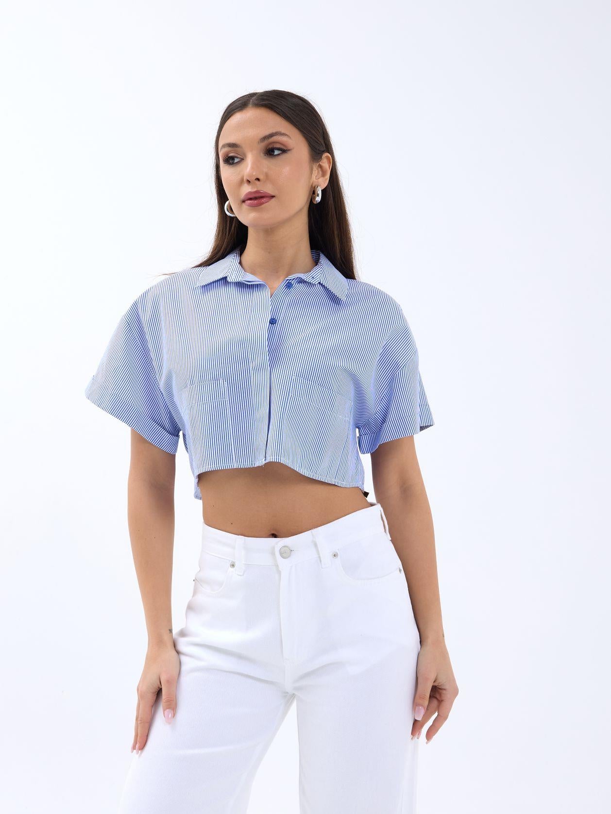 6882 BLUZ-MAVİ BEYAZ ÇİZGİLİ
