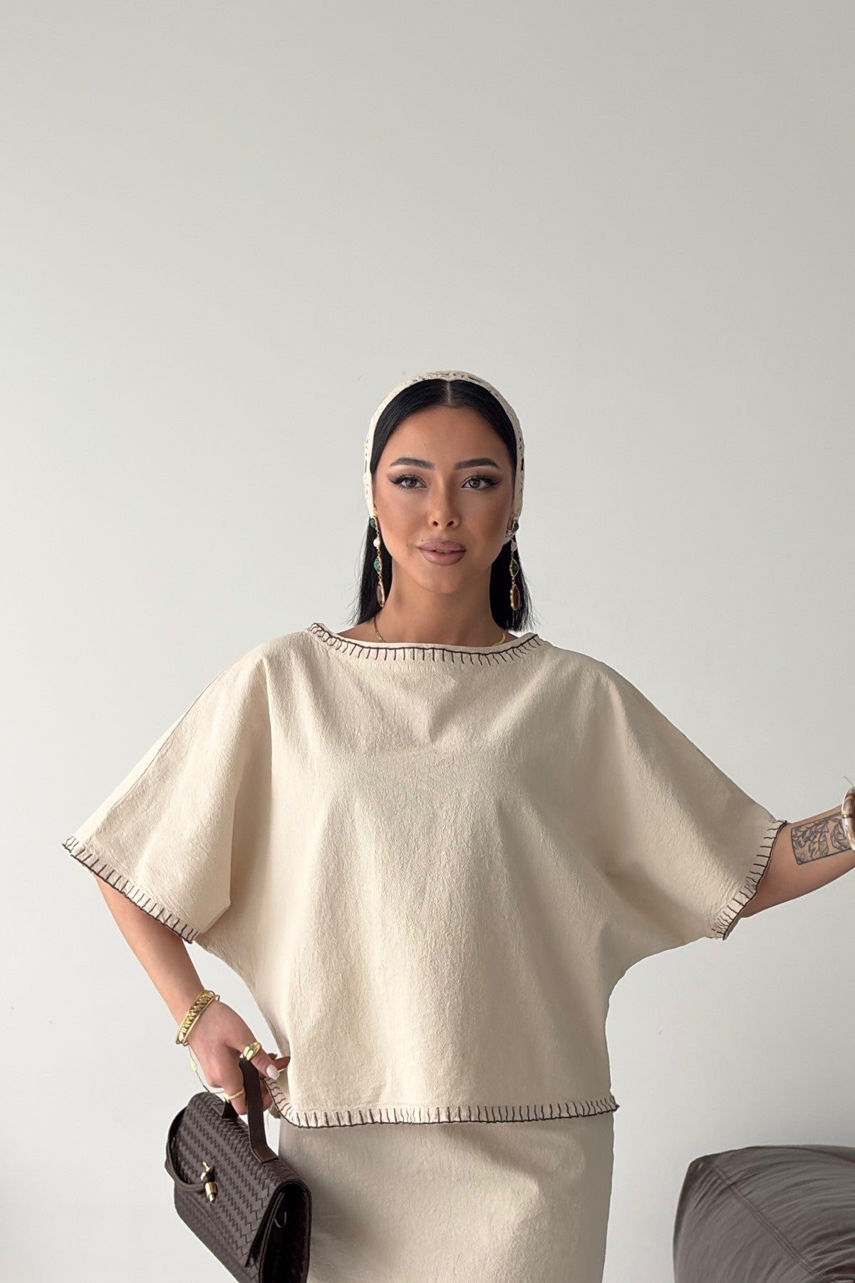 Nakışlı Oversize Bluz - Taş - (S-L) - 6