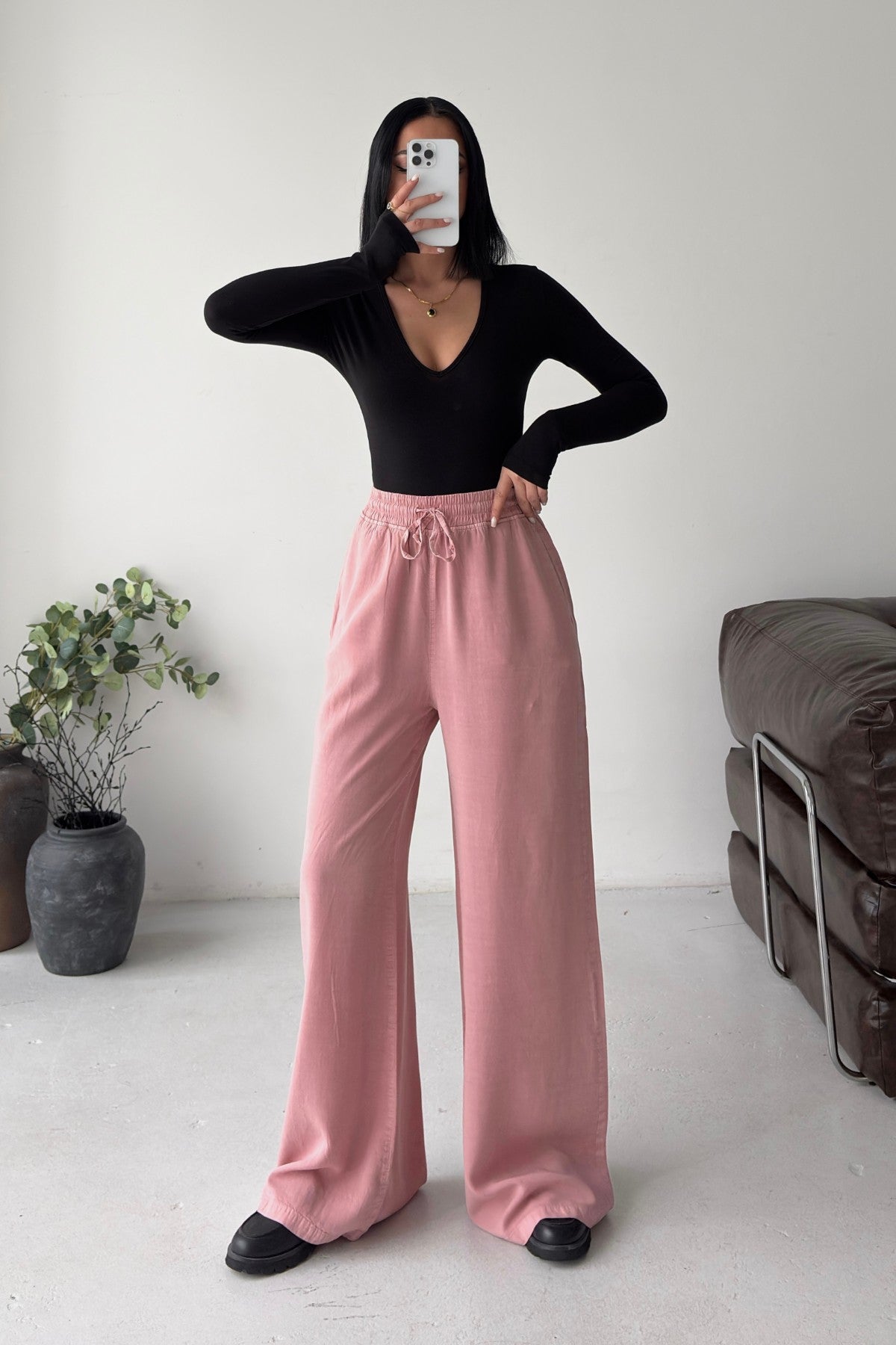 Lastikli Palazzo Pantolon HS708 - Gül Kurusu - (S-XL) - 6