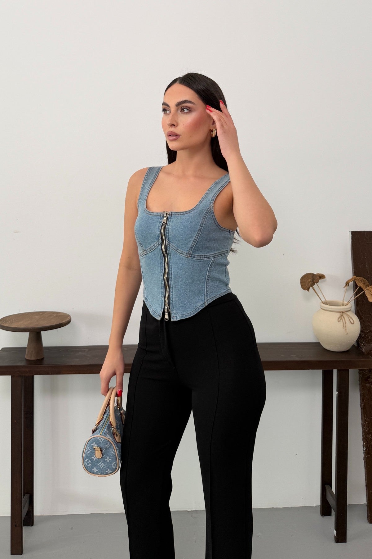 Fermuarlı Denim Büstiyer 411