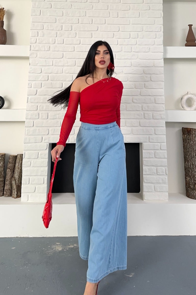 Arkası Lastikli Bol Paça Kot Pantolon 7120 - Açık Mavi Kot - (36-42-6) - 6