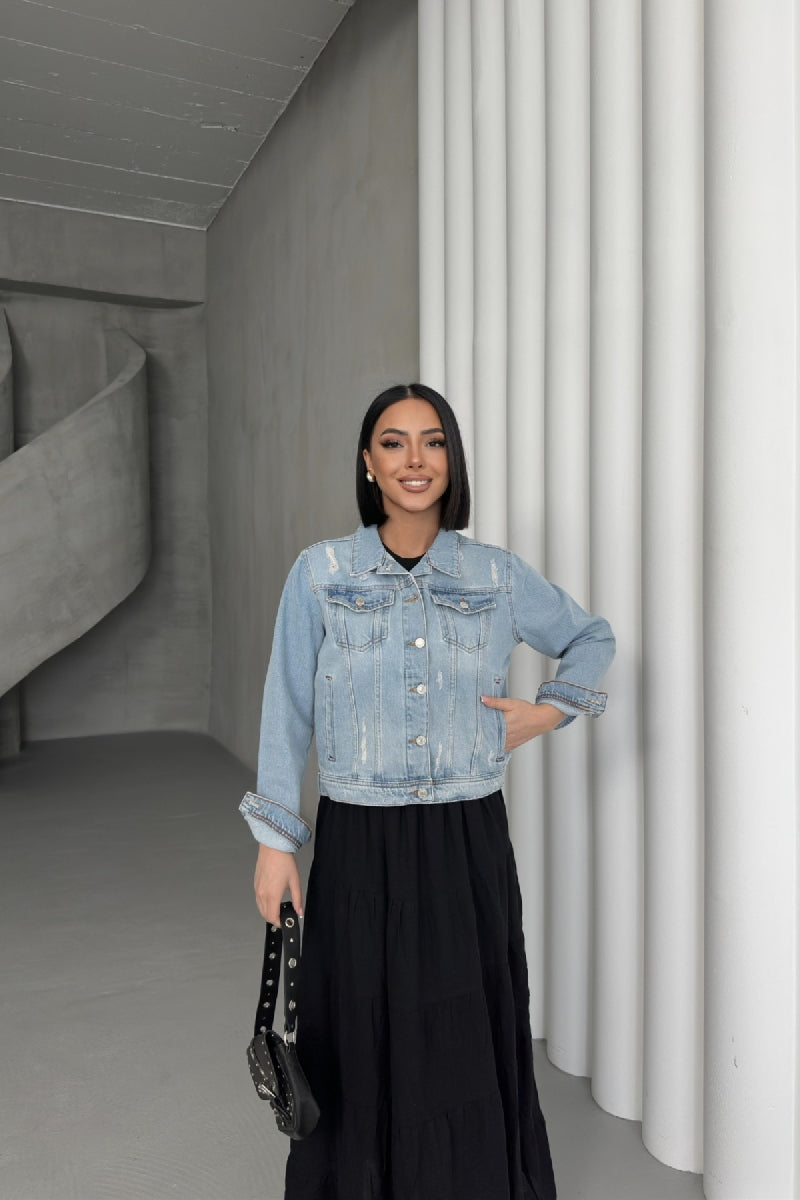 Kısa Kot Ceket 641 - Orta Mavi Kar Yıkama Tintli - (S-XL-6) - 6