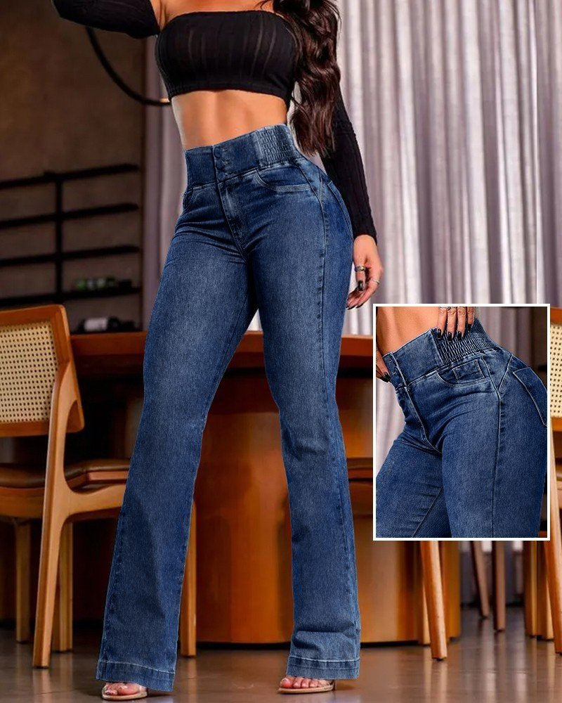 Kadın Yüksek Bel Yanları Lastik önü Düğmeli Kot Pantolon , 31783