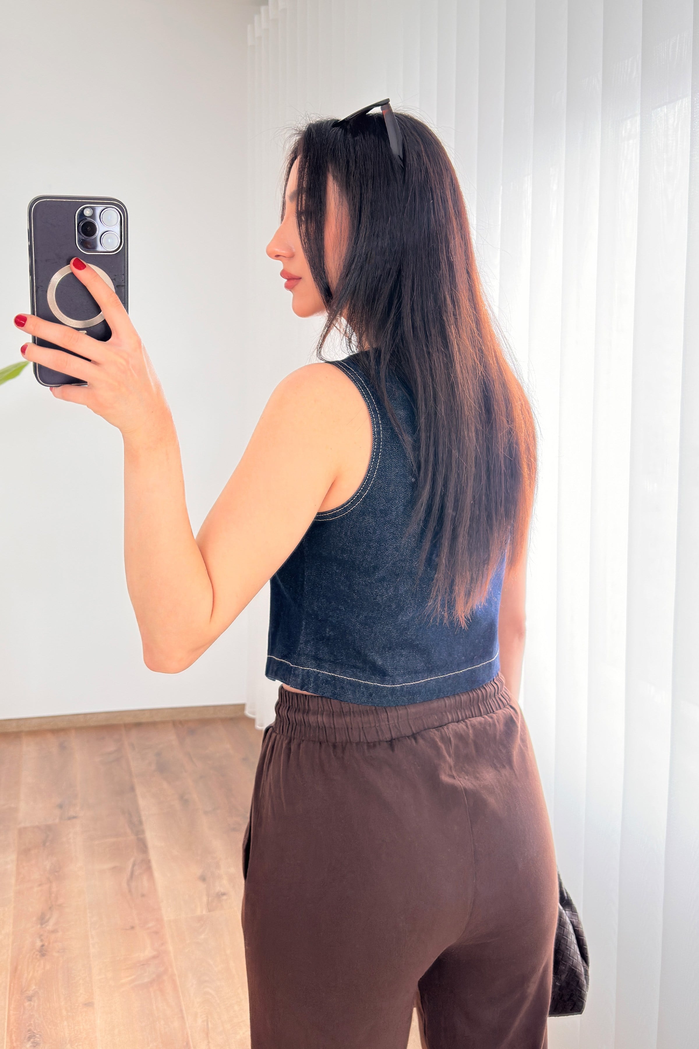 V Yaka Koyu Mavii Denim Toptan Yelek