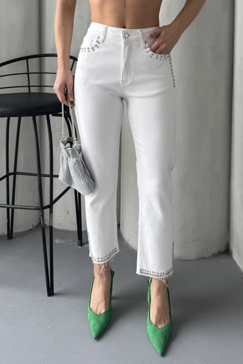 Taşlı Mom Fit Kot Pantolon - Beyaz - (26-31) - 2